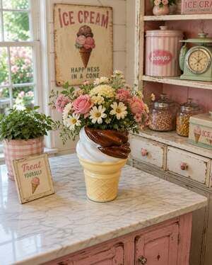 New Vanilla Chocolate Swirl Ice Cream Decorative Flower Table Vase Room Decor